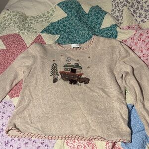 Charming Vintage Beige Sweater with Nature Motif